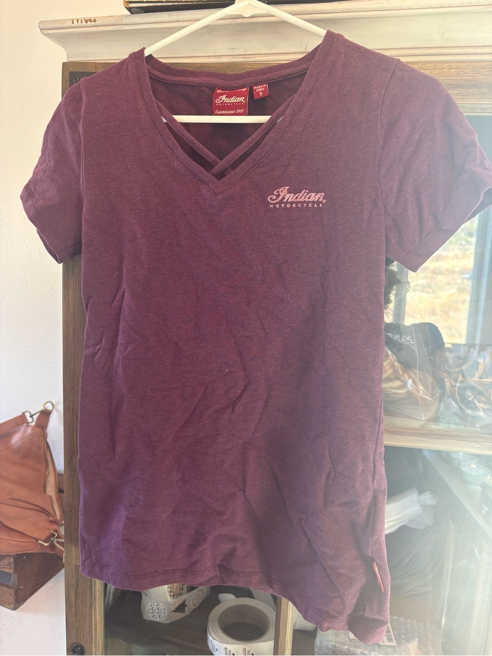 Indian Motorcycle Women’s Small Burgundy Spirit Lake Graphic Criss Cross Tee